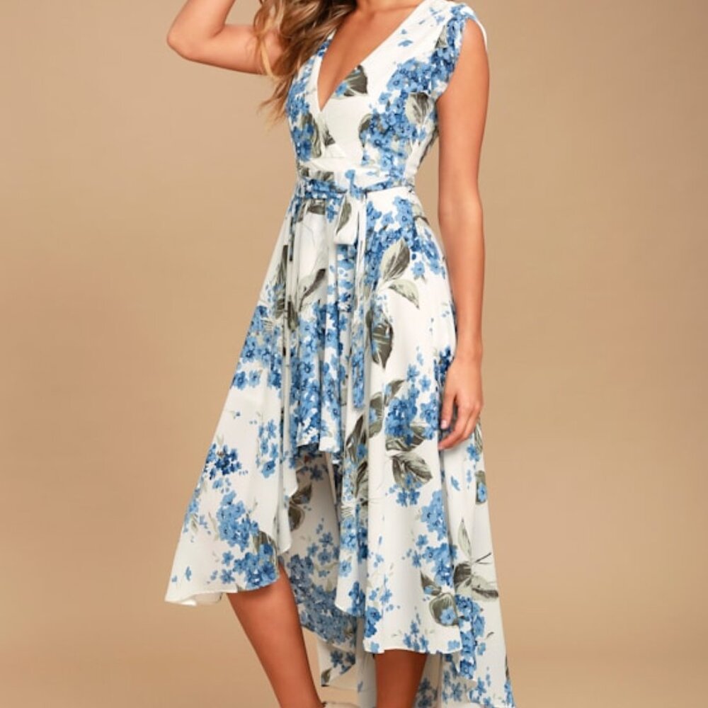 Lulus French Countryside White Floral Print High-low Dress Blue - Size X-Small